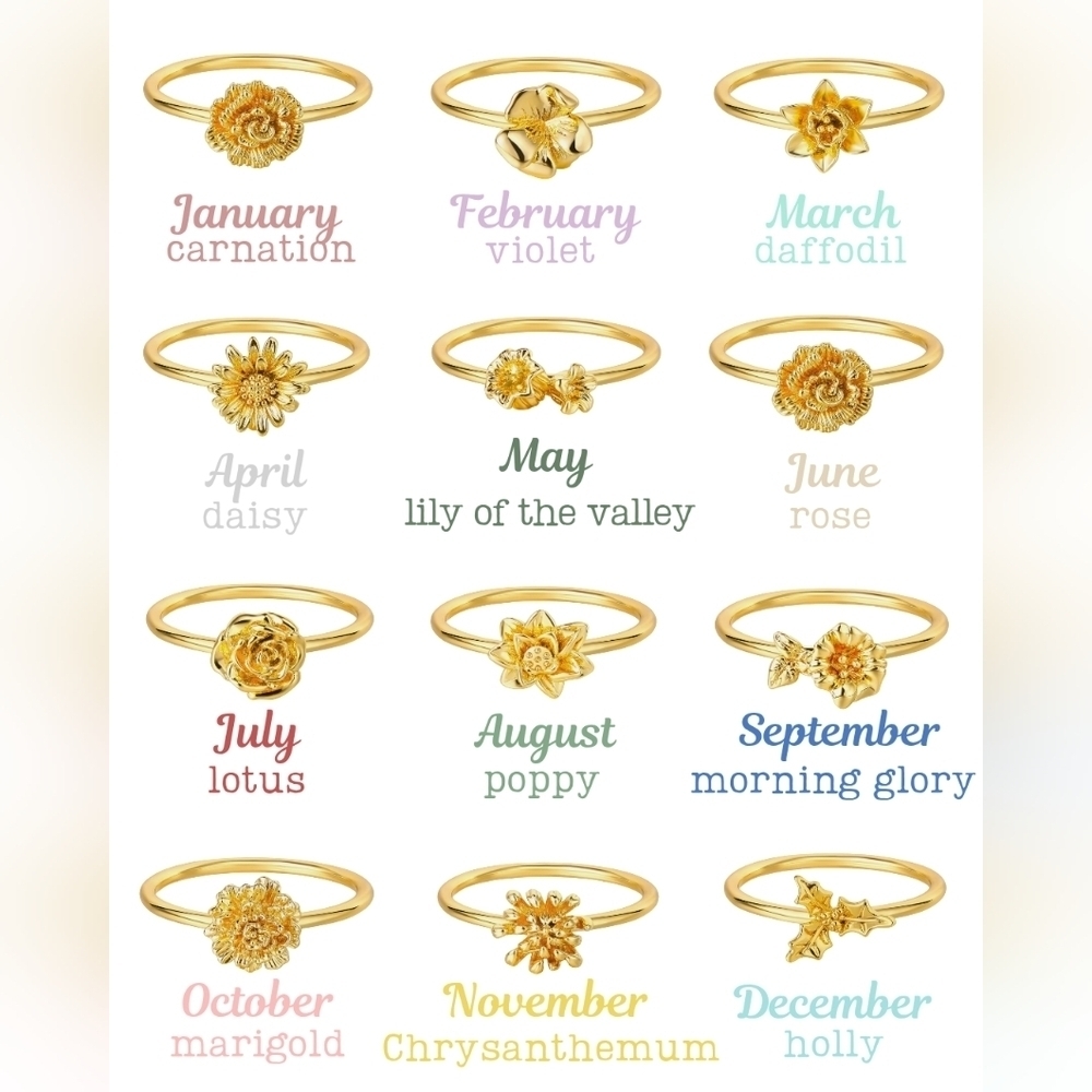 Birth Flower 14K Gold Plated Ring Zodiac Astrology Birthday Stacker Dainty NEW 7 - Picture 2 of 16